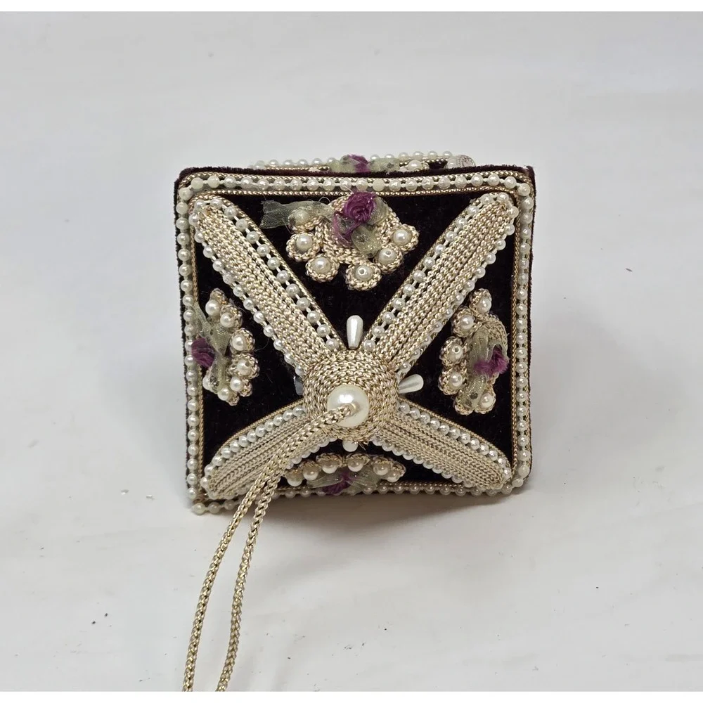 Vintage Handmade Beaded Pagoda Christmas Ornament Pearl Velvet Victorian Style